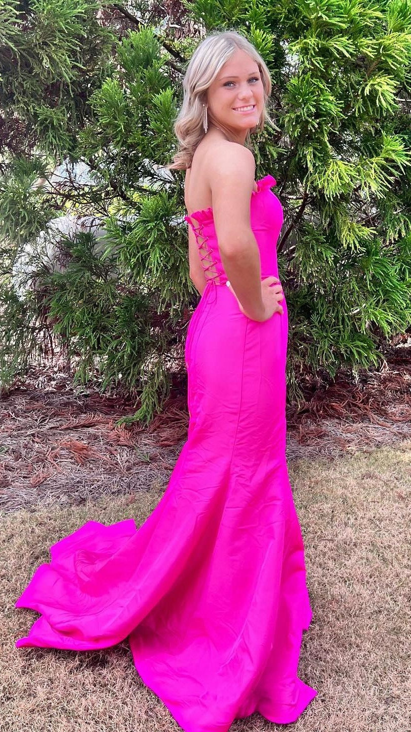Strapless Mermaid Satin Prom Dresses Long Evening Party Dress With Slit,LTP4106