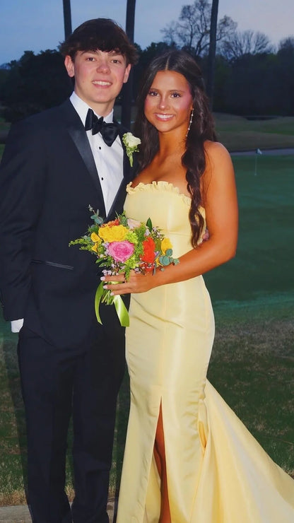 Strapless Mermaid Satin Prom Dresses Long Evening Party Dress With Slit,LTP4106