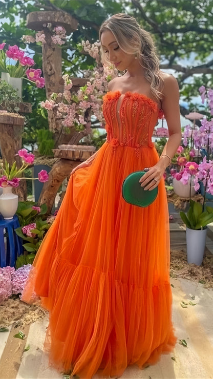 Strapless Orange Tulle Long Prom Dress, LTP3482