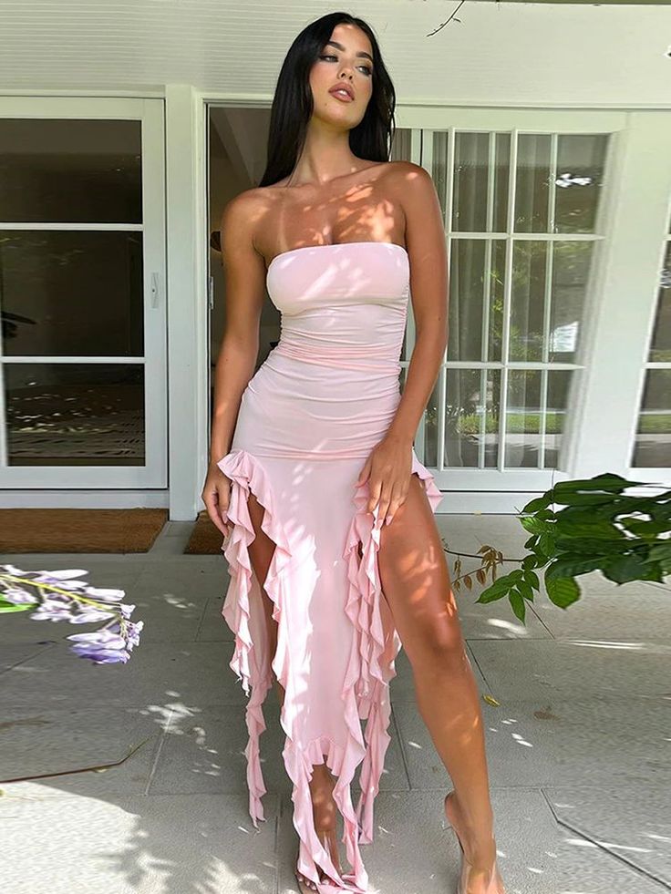 Strapless Pink Ruffle Homecoming Dresses Evening Prom Dress