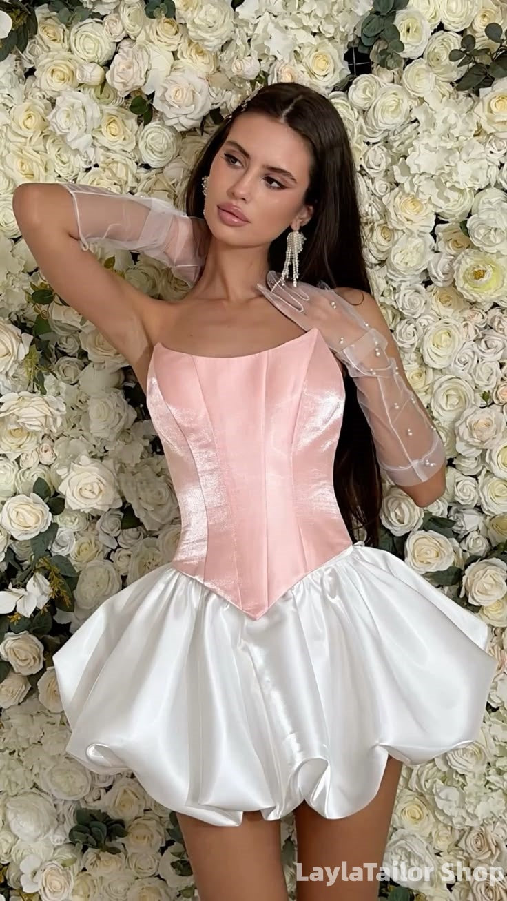 Strapless Pink White Short Homecoming Dresses Sleeveless Hoco Dress