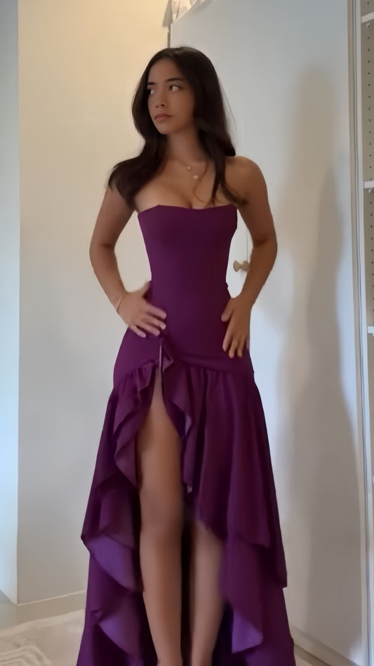 Strapless Purple Long Prom Dresses Ruffle Party Dress Dance Gown With Slit,LTP3965