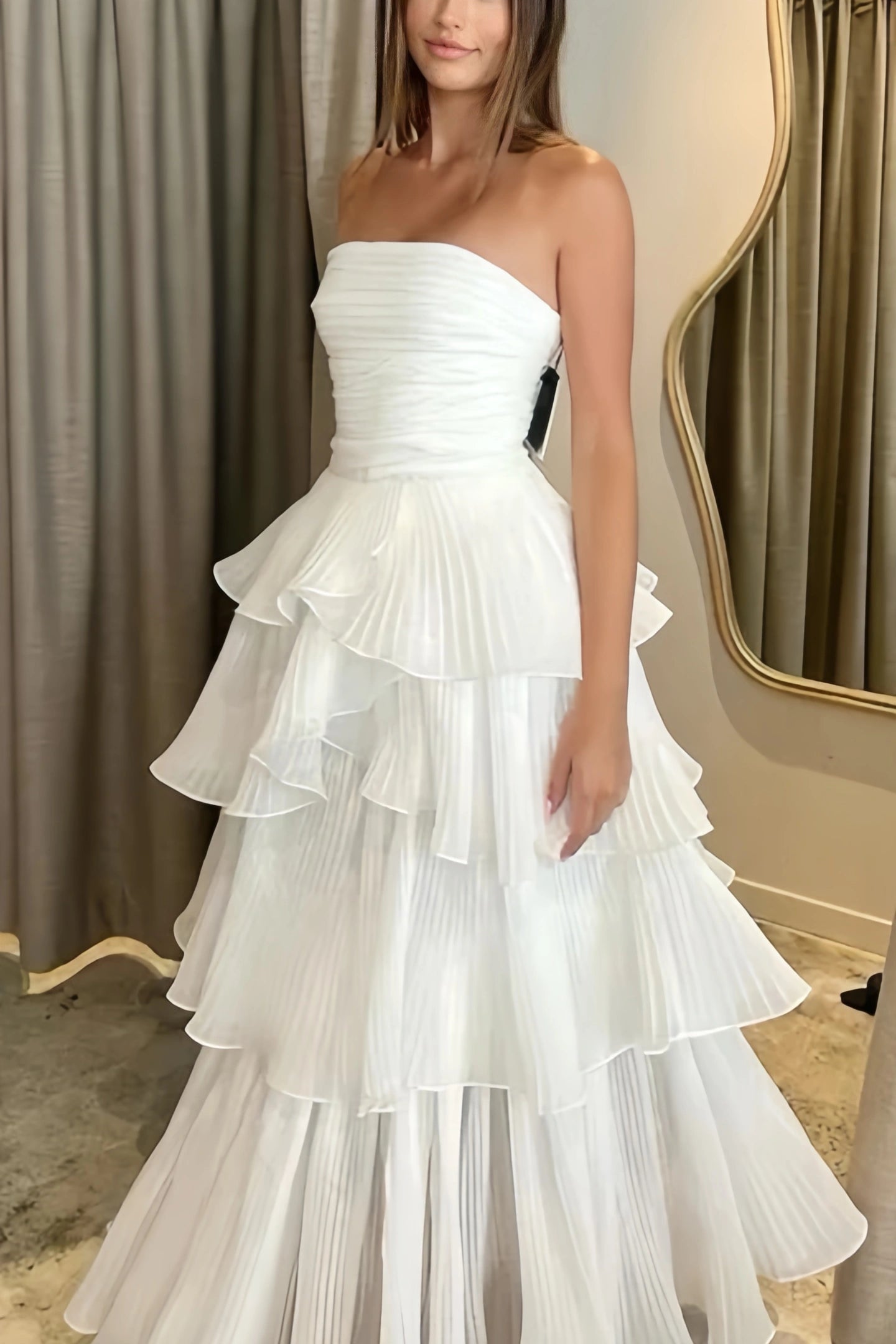 Strapless Ruffle White Prom Dresses Full Length Sleeveless Evening Party Dress,LTP4424