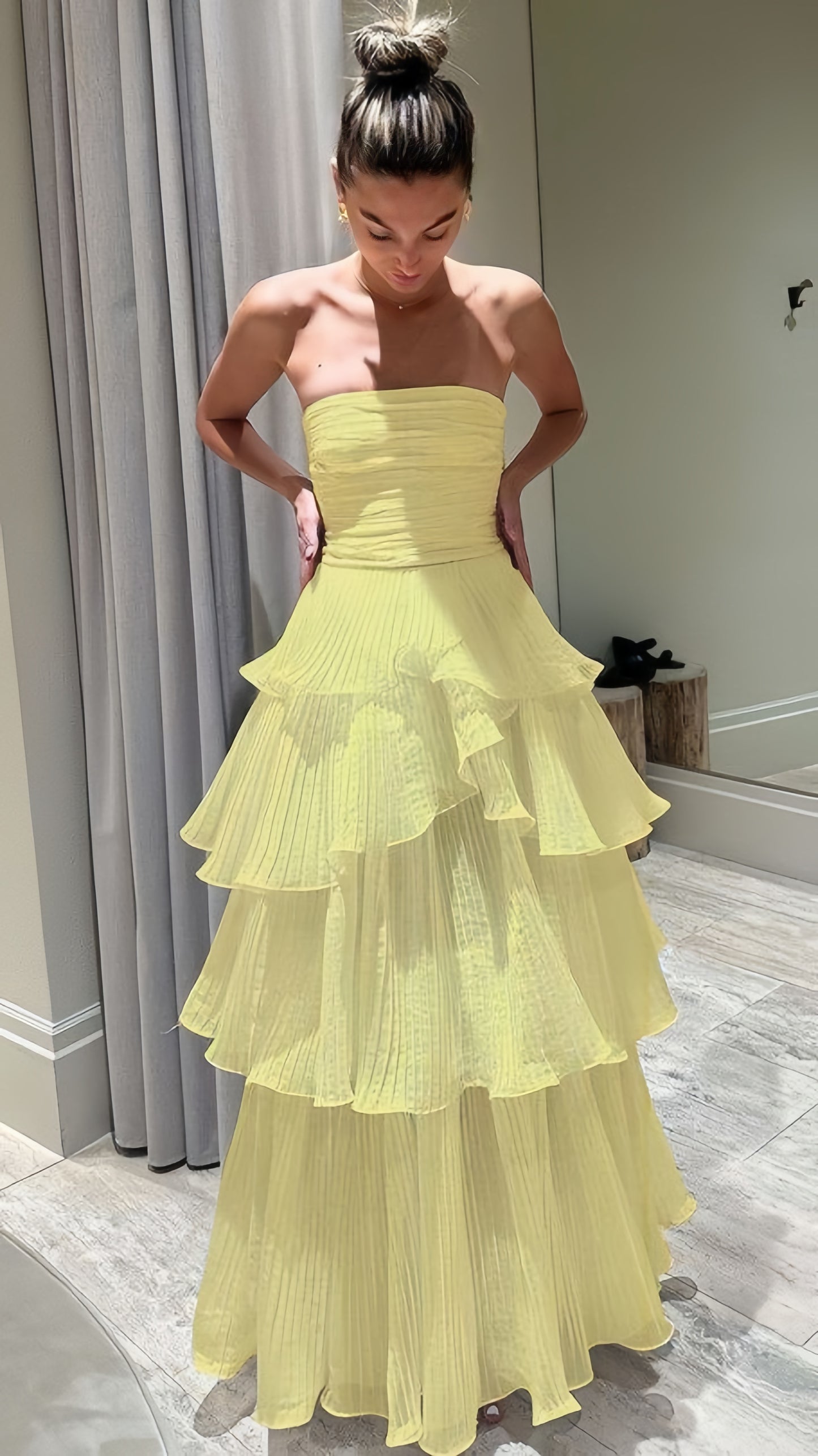 Strapless Ruffle White Prom Dresses Full Length Sleeveless Evening Party Dress,LTP4424