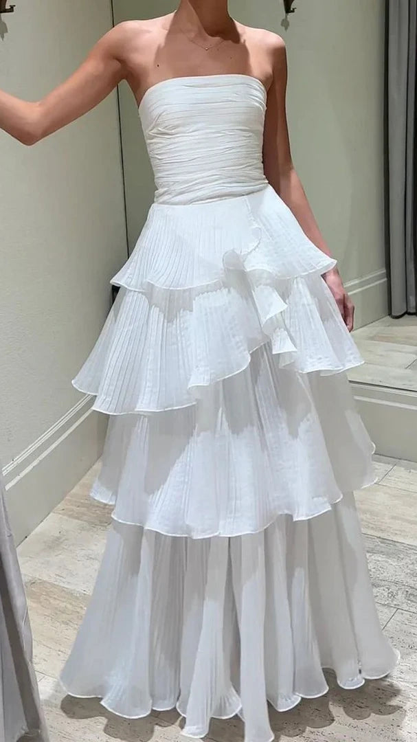 Strapless Ruffle White Prom Dresses Full Length Sleeveless Evening Party Dress,LTP4424