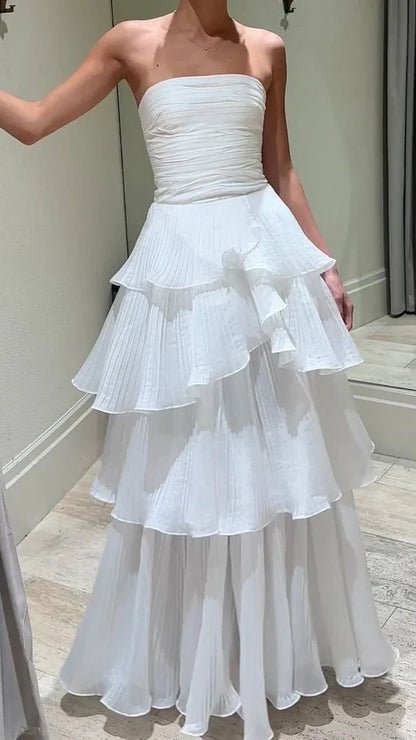 Strapless Ruffle White Prom Dresses Full Length Sleeveless Evening Party Dress,LTP4424