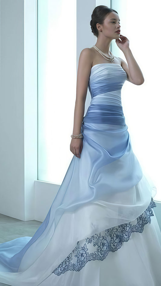 Strapless White Blue Chiffon Tulle Long Prom Dress,LTP3547