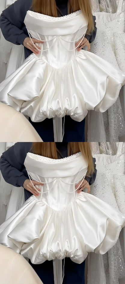 Strapless White Pearl Beaded Homecoming Dresses Short Wedding Gown, LTP3783