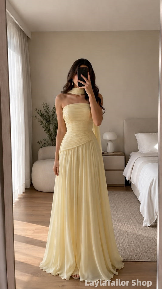 Strapless Yellow Chiffon Long Prom Dress, Bridesmaid Dresses LTP82736