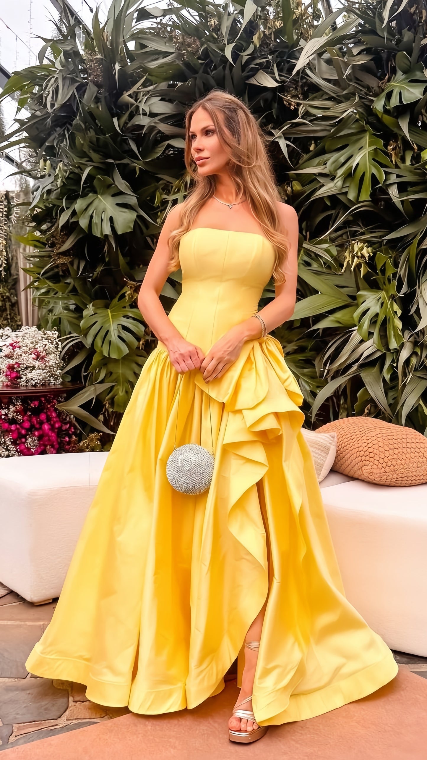 Strapless Yellow Satin A-line Prom Dresses Side Slit Party Formal Outfits,LTP4342