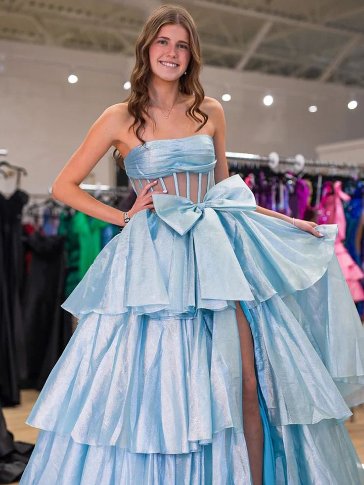 Strapless A-Line Organza Ruffle Prom Dress, Sleeveless Bowknot Evening Gown, LTP3721