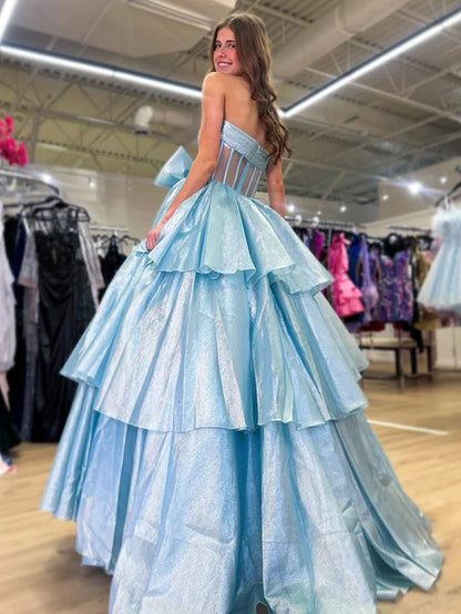Strapless A-Line Organza Ruffle Prom Dress, Sleeveless Bowknot Evening Gown, LTP3721
