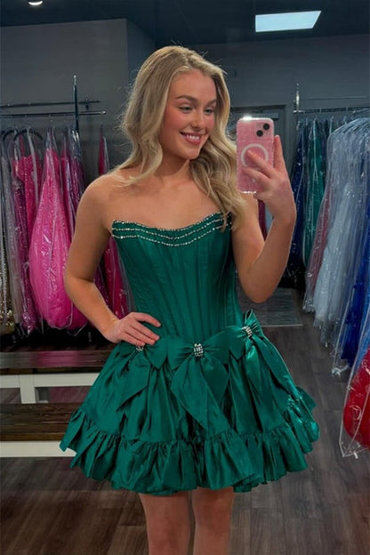 Strapless Black Beaded Short Homecoming Dress with Bow