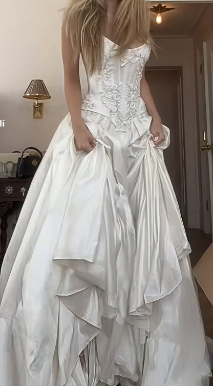 Strapless Lace Satin Wedding Dress - Vintage White Bridal Gown with Train