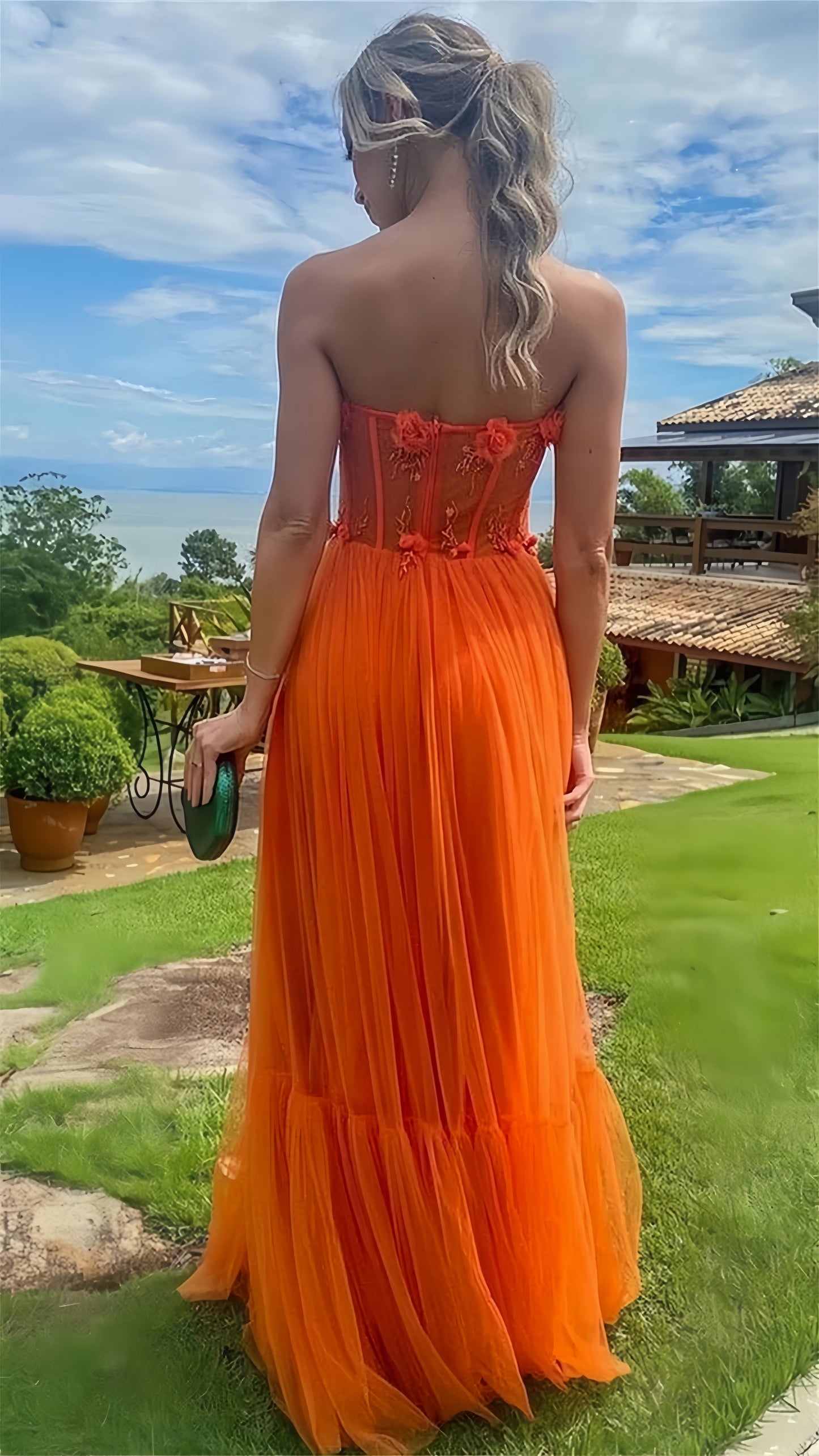 Strapless Orange Tulle Long Prom Dress, LTP3482