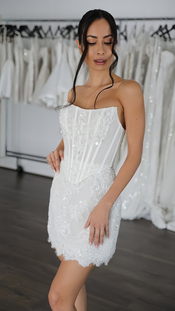 Strapless White Lace Wedding Dresses Short Lace Dress Wedding Receptio