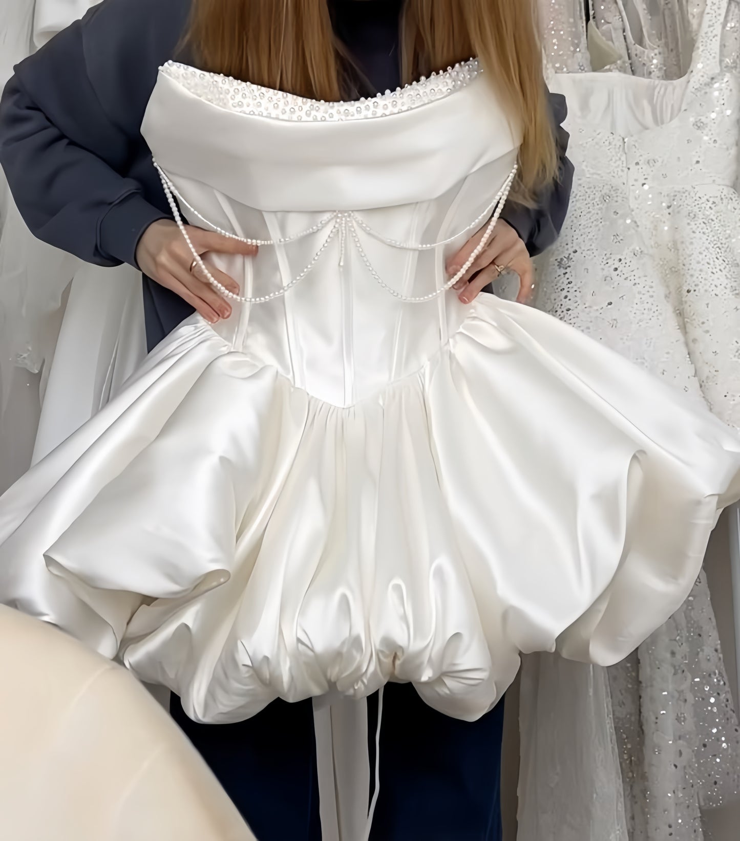 Strapless White Pearl Beaded Homecoming Dresses Short Wedding Gown, LTP3783