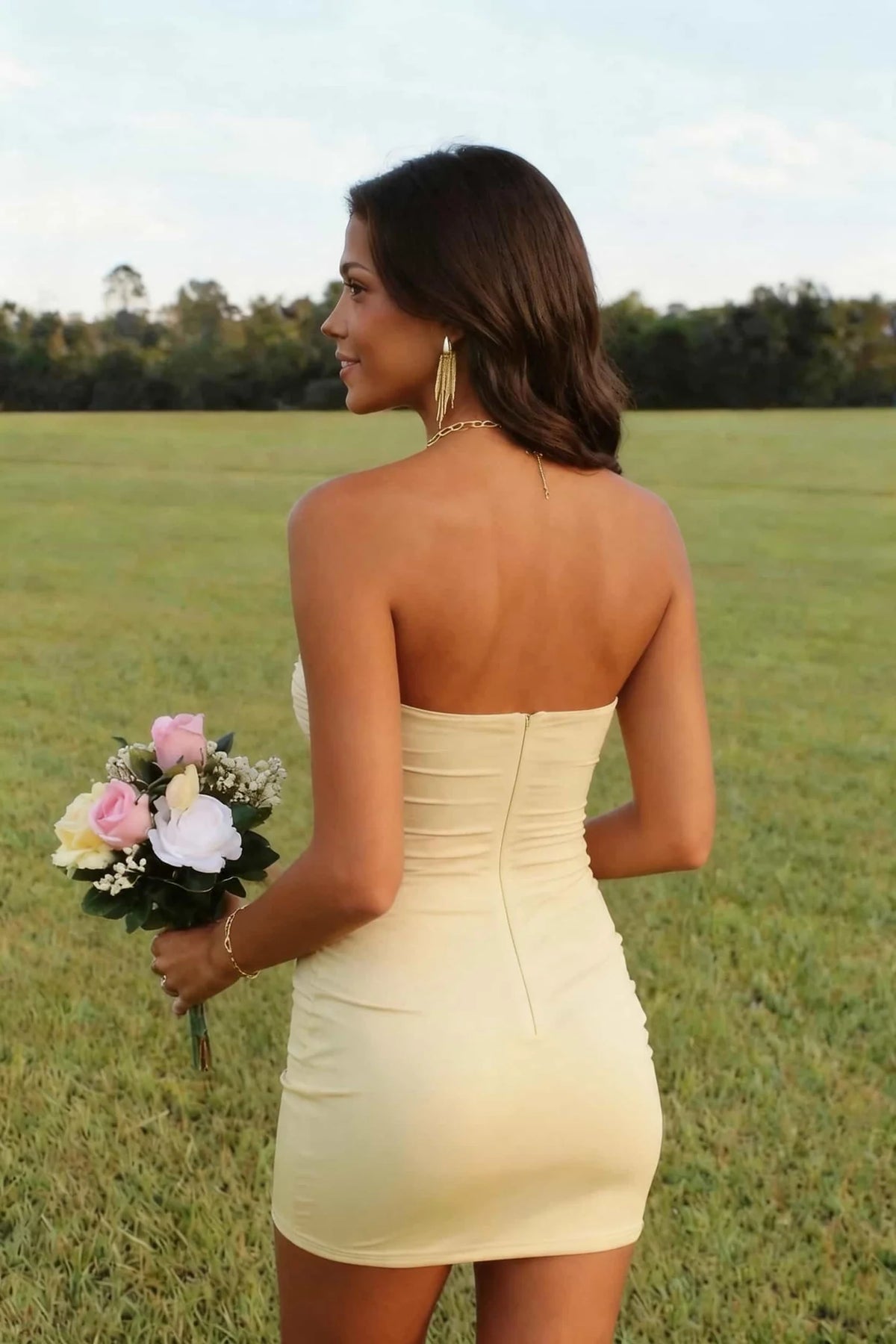Strapless Yellow Twist Bodycon Short Dress