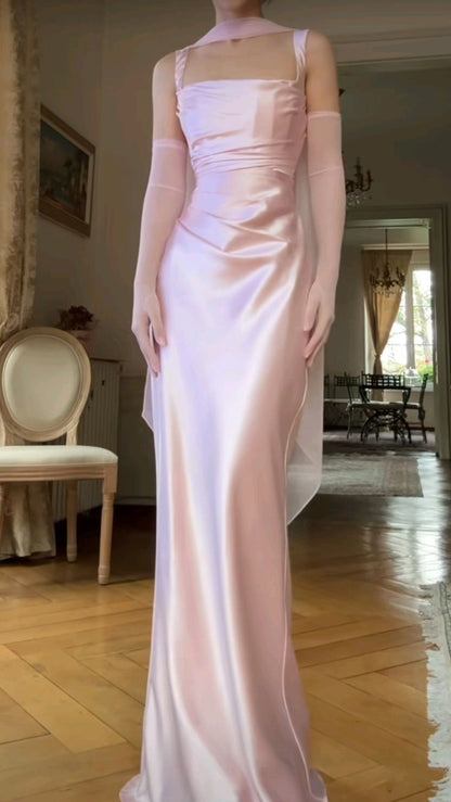 Straps Bodycon Pleated Long Prom Dresses Satin Evening Party Dress,LTP4558