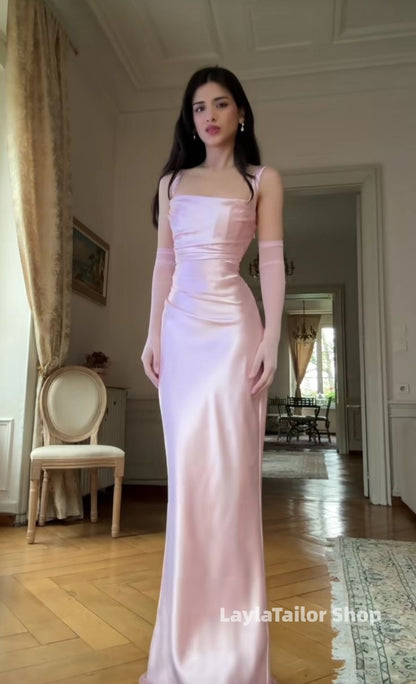 Straps Bodycon Pleated Long Prom Dresses Satin Evening Party Dress,LTP4558