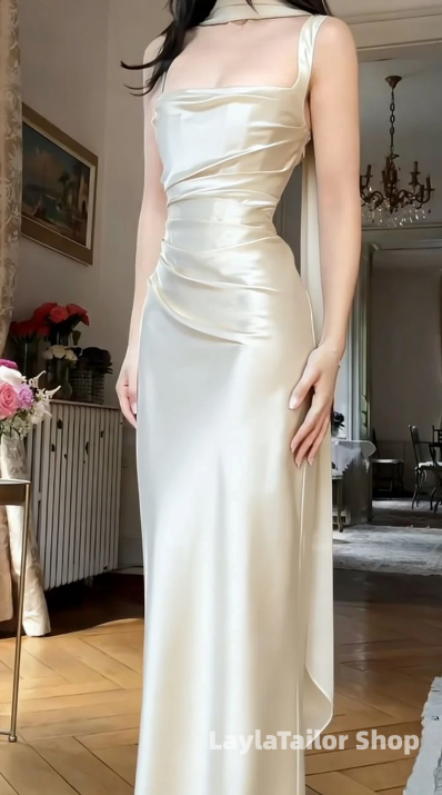 Straps Bodycon Pleated Long Prom Dresses Satin Evening Party Dress,LTP4558