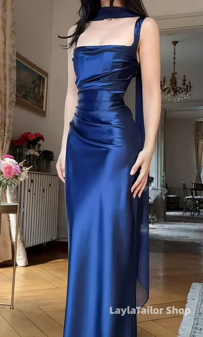 Straps Bodycon Pleated Long Prom Dresses Satin Evening Party Dress,LTP4558