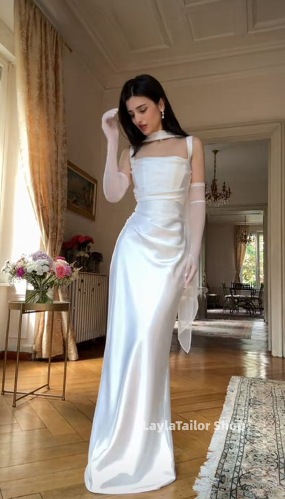 Straps Bodycon Pleated Long Prom Dresses Satin Evening Party Dress,LTP4558