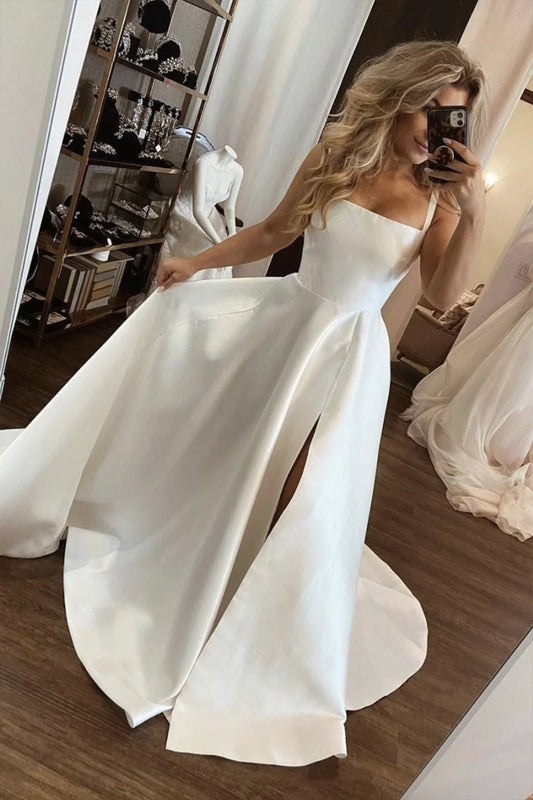Straps White A-Line Satin Wedding Dresses