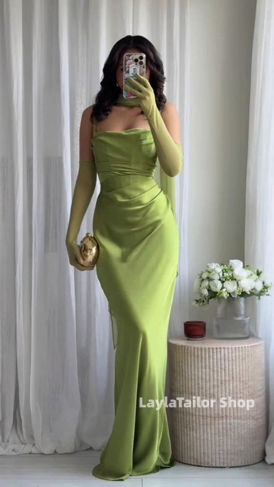 Straps Bodycon Pleated Long Prom Dresses Satin Evening Party Dress,LTP4558