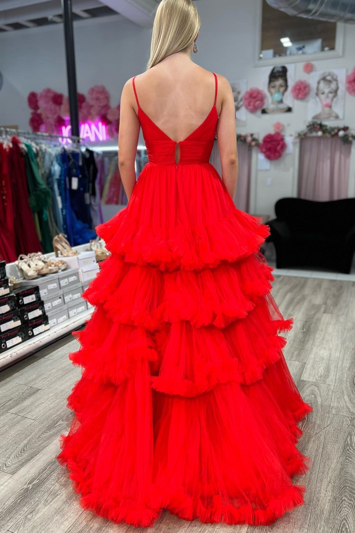 Straps Red Tiered Ruffles A-line Long Formal Dress