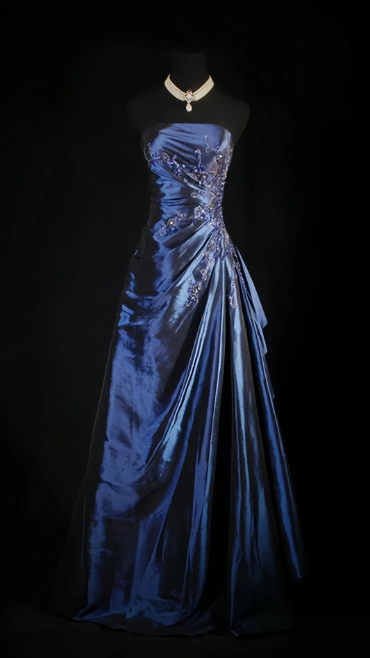 Stunning Blue Beaded Prom Dress - Strapless Long Evening Formal Gown