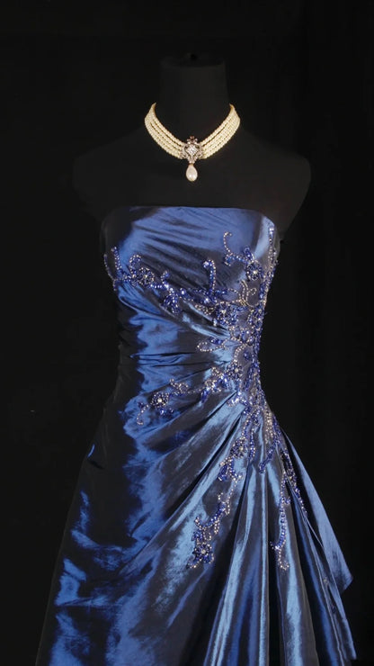 Stunning Blue Strapless Beaded Long Prom Dresses Evening Formal Dress,LTP3978
