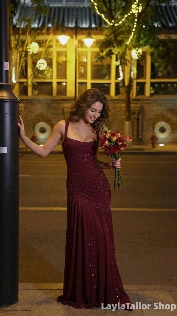 Stunning Burgundy Chiffon Mermaid Gala Gown Sleeveless Ruched Prom Dress LTP82698