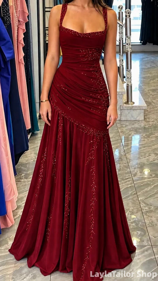 Stunning Burgundy Chiffon Mermaid Gala Gown Sleeveless Ruched Prom Dress LTP82698