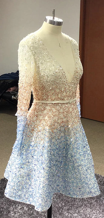 Stunning Sparkly Beading Sequin Long Sleeve V-neck Homecoming Dresses