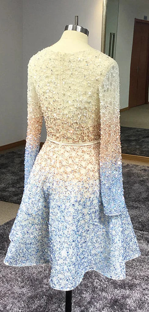 Stunning Sparkly Beading Sequin Long Sleeve V-neck Homecoming Dresses