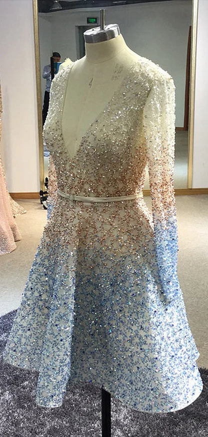 Stunning Sparkly Beading Sequin Long Sleeve V-neck Homecoming Dresses