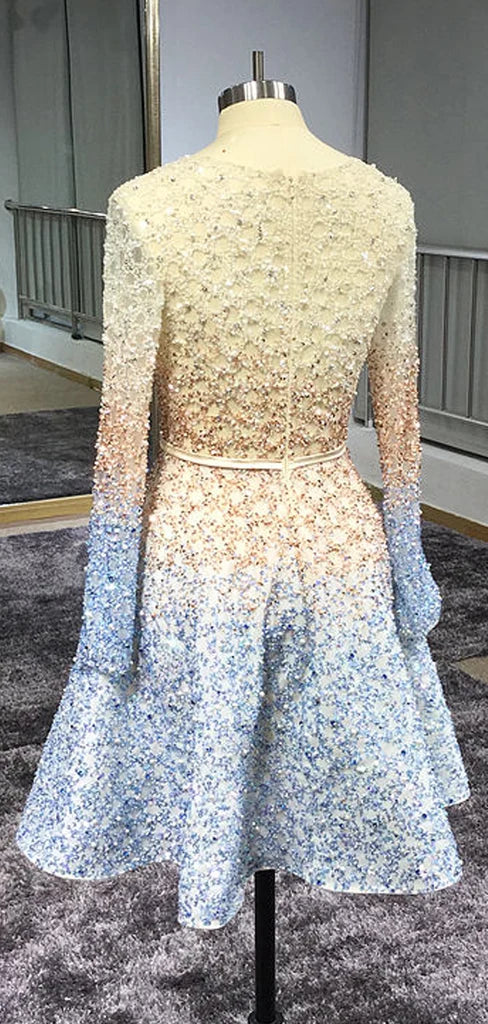 Stunning Sparkly Beading Sequin Long Sleeve V-neck Homecoming Dresses