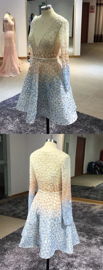 Stunning Sparkly Beading Sequin Long Sleeve V-neck Homecoming Dresses