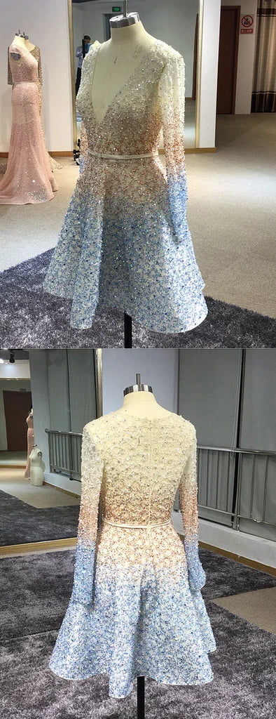 Stunning Sparkly Beading Sequin Long Sleeve V-neck Homecoming Dresses