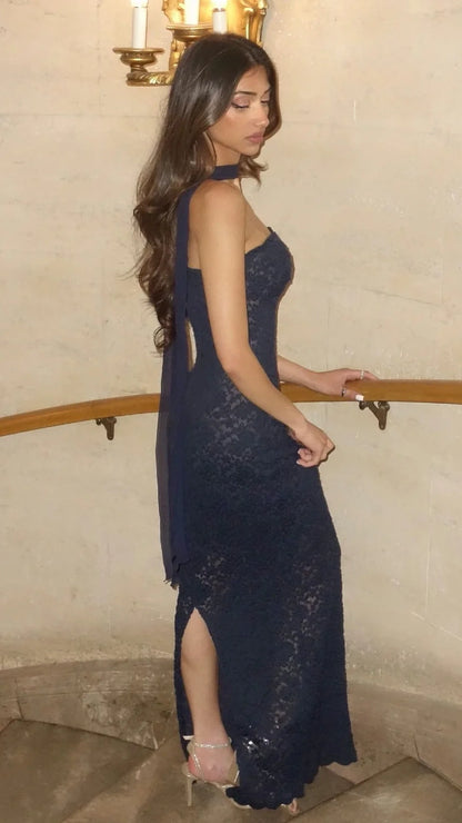 Stylish Sheath Strapless Navy Blue Lace Long Party Dress,LTP4407