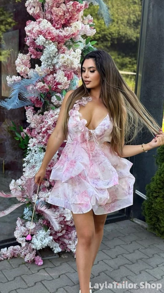 Summer Floral Homecoming Dress V-Neck Ruffle Hoco Dresses