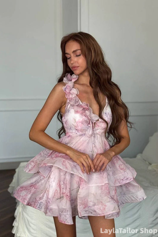 Summer Floral Homecoming Dress V-Neck Ruffle Hoco Dresses