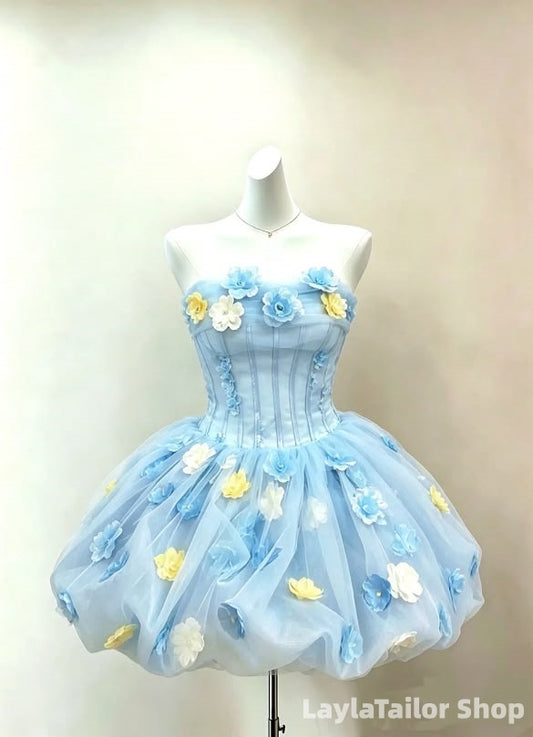 Summer Floral Light Blue Homecoming Dresses Strapless Mini Party Dress