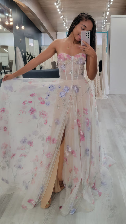 Sweet A-Line Floral Slit Long Prom Dress, Full Length Evening Party Dress,LTP3704