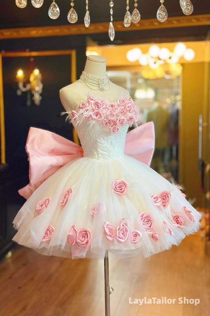 Sweet Ivory Pink Floral Homecoming Dresses With Big Bowknot