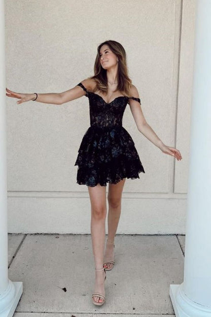 Sweet Lace Sequin Homecoming Dress, Off The Shoulder Hoco Dress, Black Girls Graduation Dresses