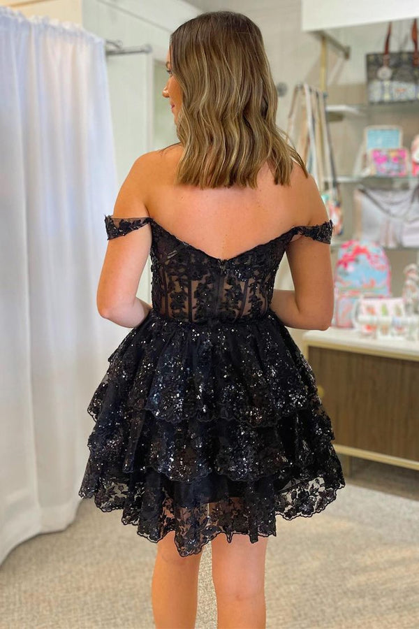 Sweet Lace Sequin Homecoming Dress, Off The Shoulder Hoco Dress, Black