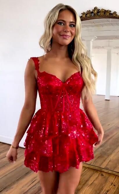 Sweet Lace Sequin Homecoming Dress, Off The Shoulder Hoco Dress, Red Ruffle Graduation Dresses