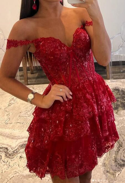 Sweet Lace Sequin Homecoming Dress, Off The Shoulder Hoco Dress, Red Ruffle Graduation Dresses